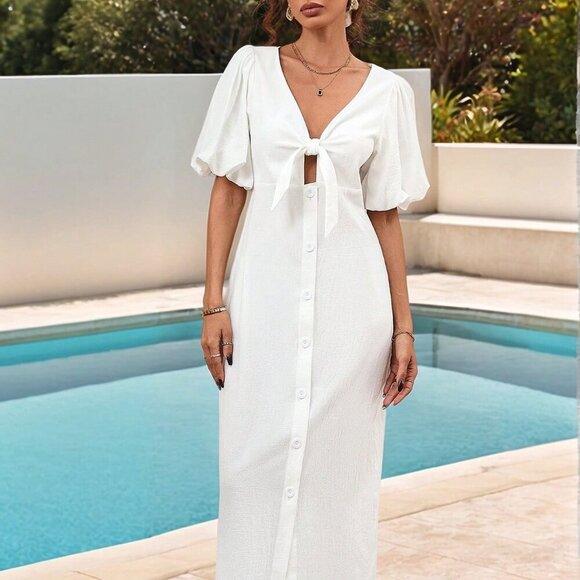 White Casual Women's Short Sleeve Simplistic Hollow-Out Long Dress - Picture 6 of 8